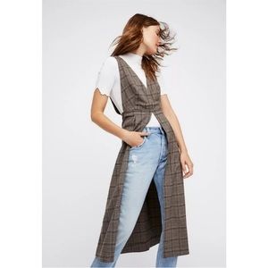 Free People Vest Of My Love Brown Plaid Long Pinafore Style Vest Duster NWT
